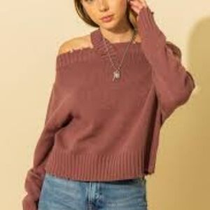 LA Miel‎ Mauve Off-Shoulder Sweater One-Shoulder Knit StrapCrop M/L Distressed.